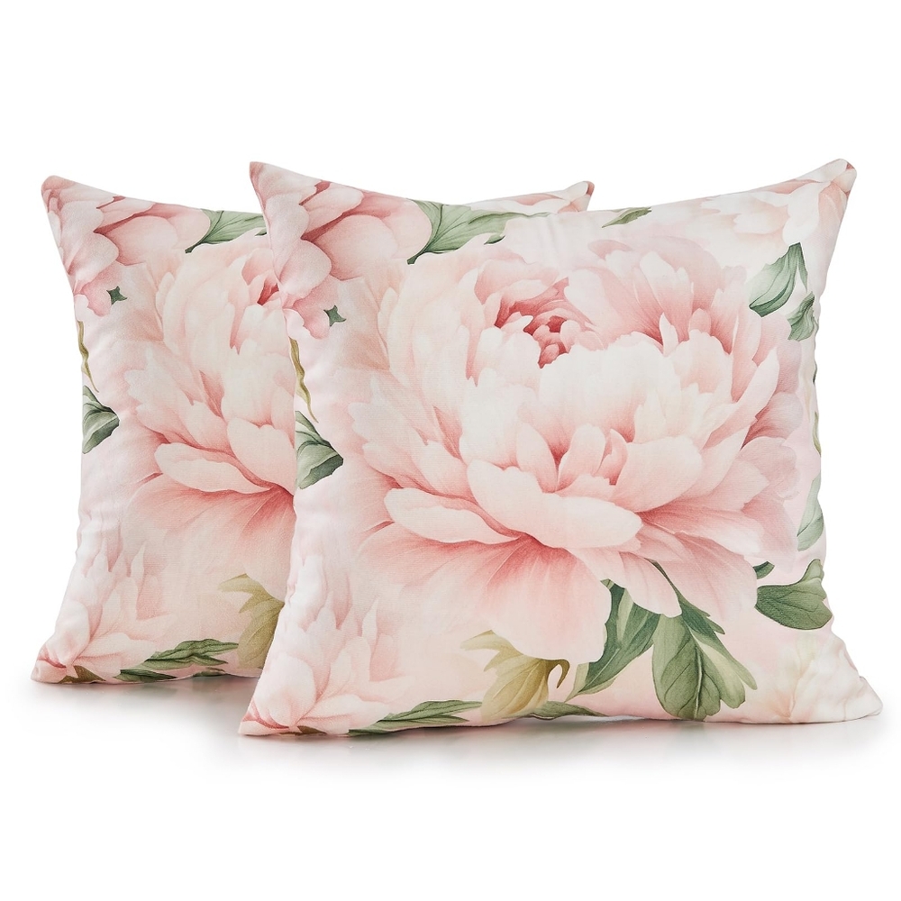 Pink Floral Throw Pillow Covers‎ 18x18 Set of 2, Decorative Peony Flower Cushion